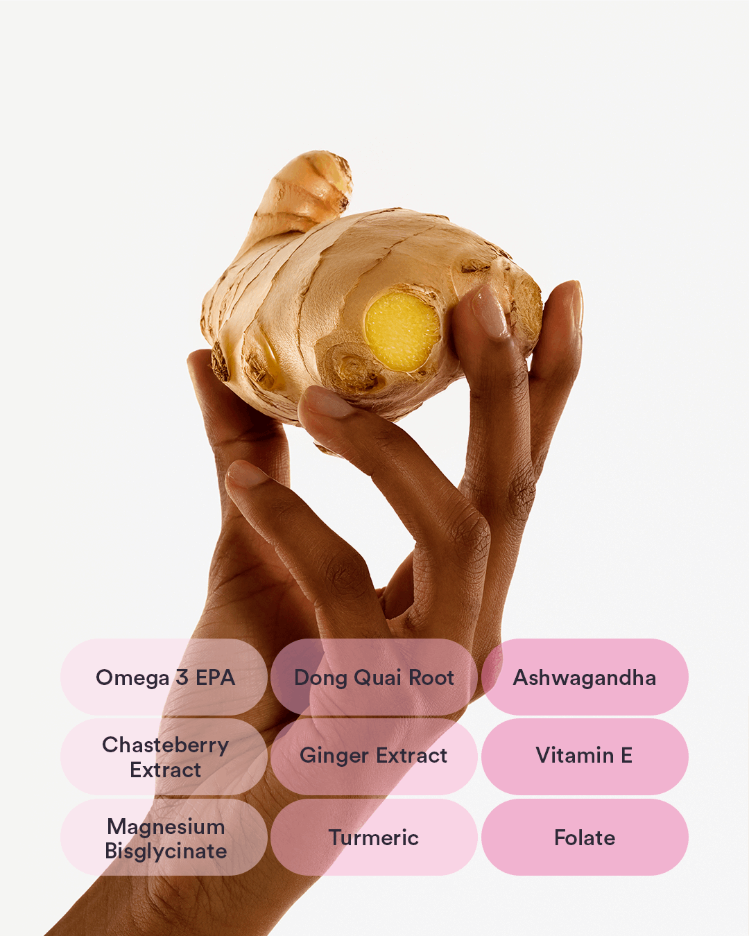 brown hand holding a ginger fruit between her fingers with overlapping benefits written across